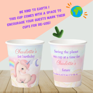 Custom Reusable Sustainable Pink Unicorn Rainbow Paper Cups