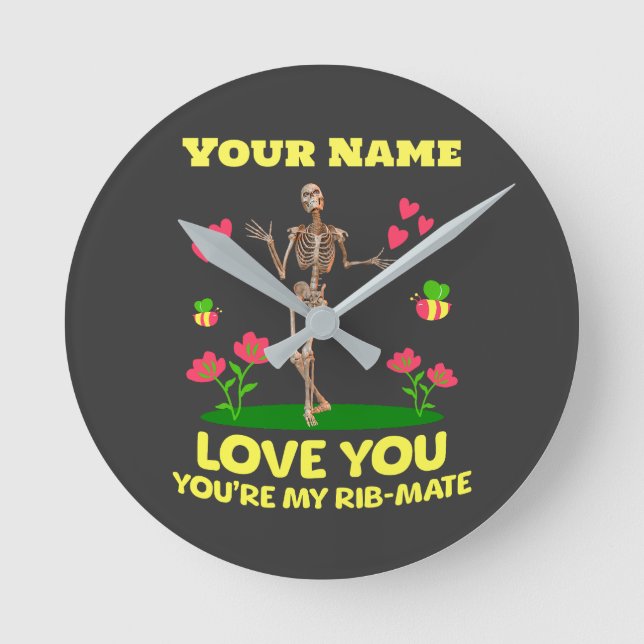Custom Rib Mate Skeleton Love Gift Gothic Round Clock (Front)