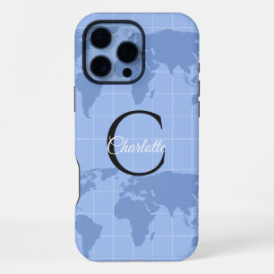 Custom Riviera Blue World Map Monogram Name iPhone 16 Pro Max Case