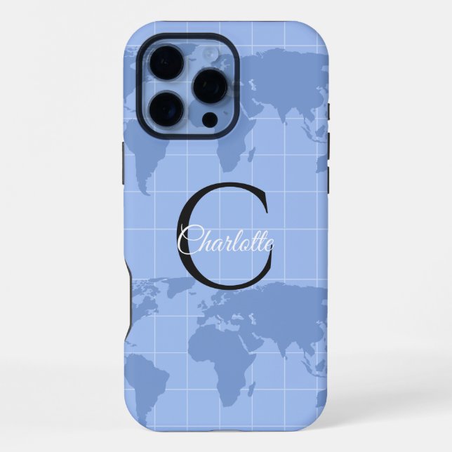Custom Riviera Blue World Map Monogram Name iPhone Case (Back)