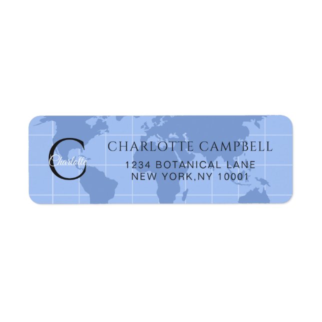 Custom Riviera Blue World Map Monogram Name Mail (Front)