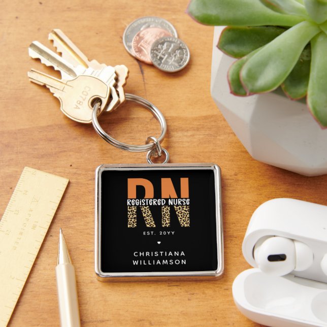 Custom RN Registered Nurse Leopard Typography Keychain (Desk)