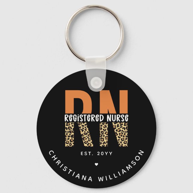 Custom RN Registered Nurse Leopard Typography Keychain (Front)