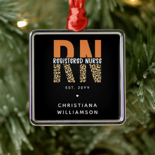 Custom RN Registered Nurse Leopard Typography Metal Ornament