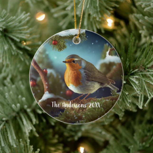 Custom robin over a snow-covered tree ceramic ornament (Tree)