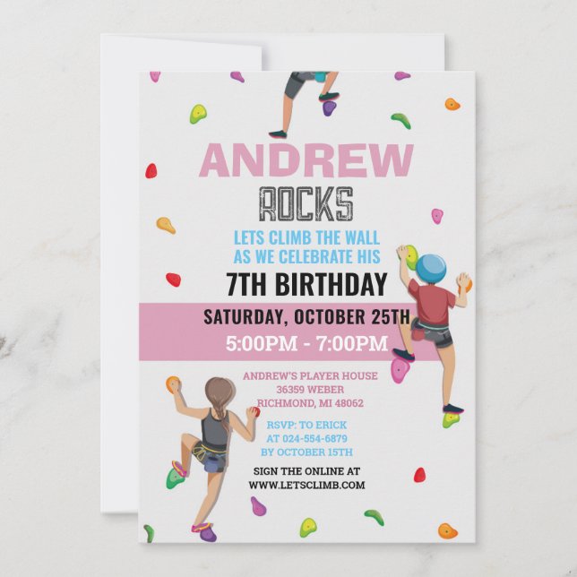 Custom Rock Climbing Birthday Party Invitation (Front)