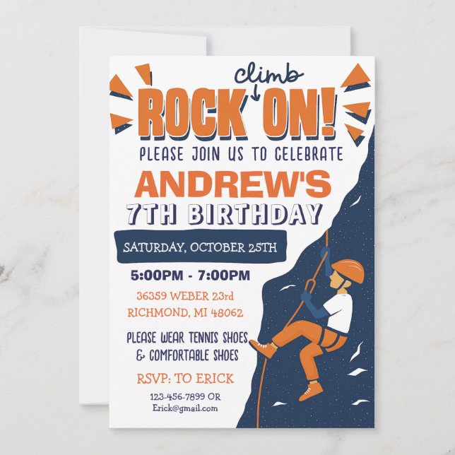 Custom Rock Climbing Birthday Party Invitation (Front)