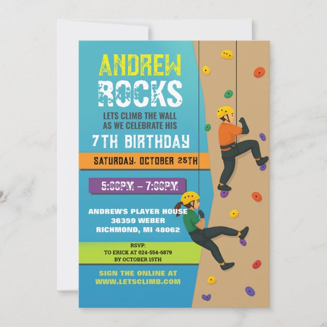 Custom Rock Climbing Birthday Party Invitation (Front)