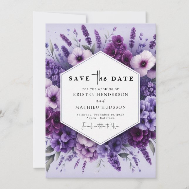 Custom Romantic Purple Floral Wedding Save The Date (Front)