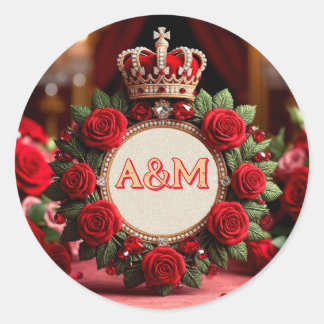 👑 Custom Rose Crown Monogram Name Gift for Her 🌹 Classic Round Sticker