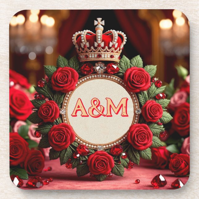 👑 Custom Rose Crown Monogram Name Gift for Her 🌹 Coaster (Front)