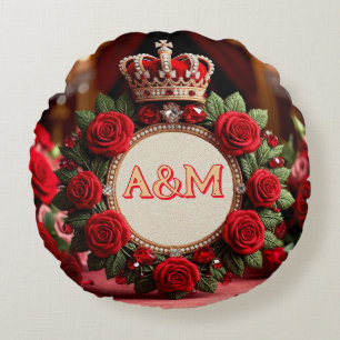 👑 Custom Rose Crown Monogram Name Gift for Her 🌹 Round Pillow