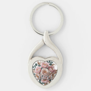 Custom Rose Gold Floral Monogram Heart Keychain