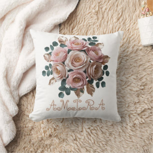 Custom Rose Gold Floral Monogram Heart Pillow