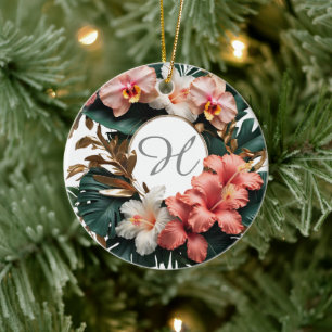 Custom Rose Gold Floral Monogram Round Keepsake Ceramic Ornament