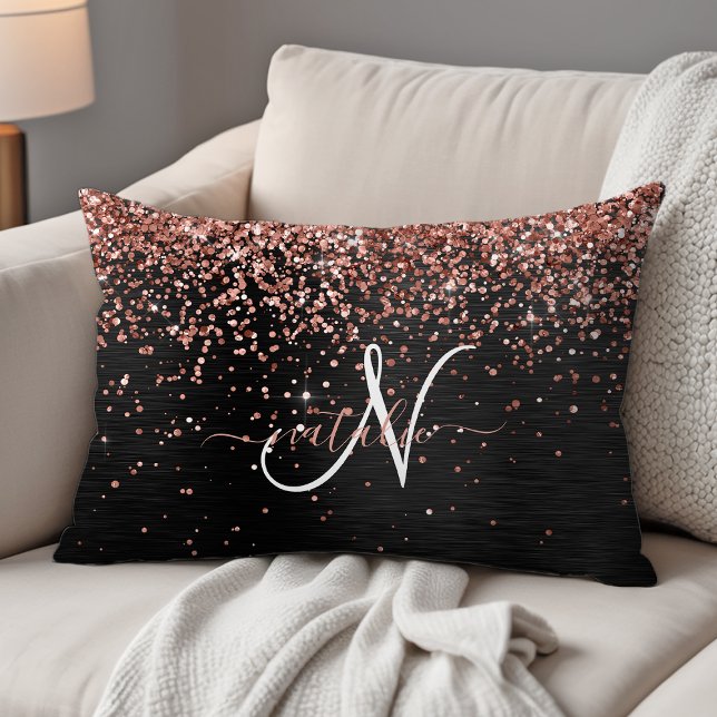 Custom Rose Gold Glitter Black Sparkle Monogram Accent Pillow (Creator Uploaded)
