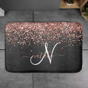 Custom Rose Gold Glitter Black Sparkle Monogram Bath Mat