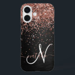 Custom Rose Gold Glitter Black Sparkle Monogram iPhone 16 Case<br><div class="desc">Easily personalize this trendy elegant phone case design featuring pretty rose gold sparkling glitter on a black brushed metallic background.</div>