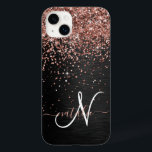 Custom Rose Gold Glitter Black Sparkle Monogram Case-Mate iPhone 14 Plus Case<br><div class="desc">Easily personalize this trendy elegant phone case design featuring pretty rose gold sparkling glitter on a black brushed metallic background.</div>