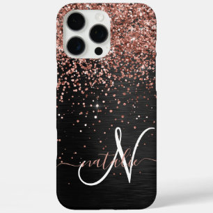 Custom Rose Gold Glitter Black Sparkle Monogram iPhone 16 Pro Max Case