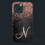 Custom Rose Gold Glitter Black Sparkle Monogram iPhone 13 Pro Case<br><div class="desc">Easily personalize this trendy elegant phone case design featuring pretty rose gold sparkling glitter on a black brushed metallic background.</div>