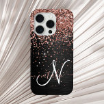 Custom Rose Gold Glitter Black Sparkle Monogram iPhone 15 Pro Case<br><div class="desc">Easily personalize this trendy elegant phone case design featuring pretty rose gold sparkling glitter on a black brushed metallic background.</div>