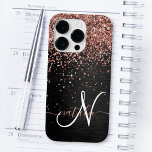 Custom Rose Gold Glitter Black Sparkle Monogram Case-Mate iPhone 14 Pro Case<br><div class="desc">Easily personalize this trendy elegant phone case design featuring pretty rose gold sparkling glitter on a black brushed metallic background.</div>