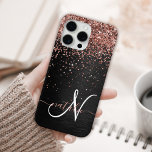 Custom Rose Gold Glitter Black Sparkle Monogram iPhone 15 Pro Max Case<br><div class="desc">Easily personalize this trendy elegant phone case design featuring pretty rose gold sparkling glitter on a black brushed metallic background.</div>