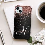 Custom Rose Gold Glitter Black Sparkle Monogram iPhone 15 Mini Case<br><div class="desc">Easily personalize this trendy elegant phone case design featuring pretty rose gold sparkling glitter on a black brushed metallic background.</div>