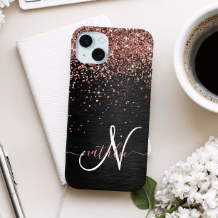 Custom Rose Gold Glitter Black Sparkle Monogram iPhone 15 Mini Case