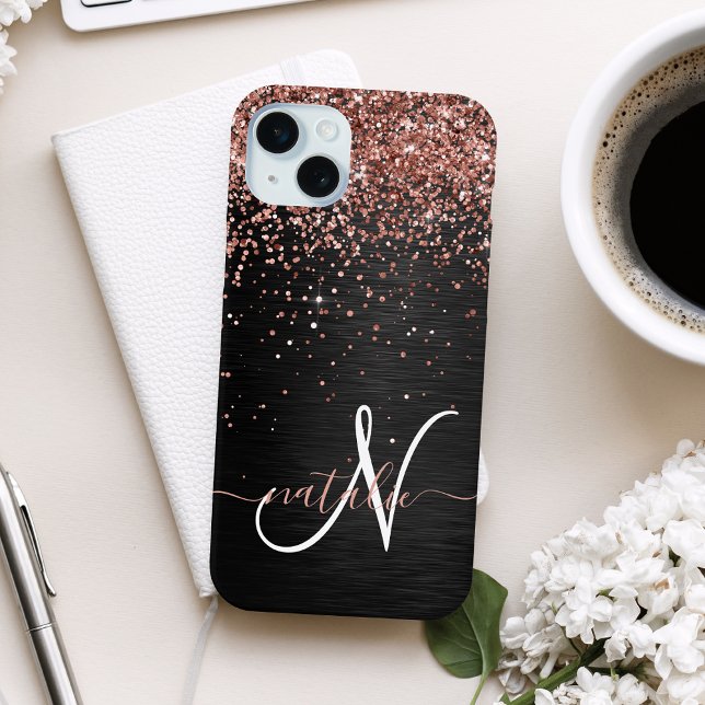 Custom Rose Gold Glitter Black Sparkle Monogram Case-Mate iPhone Case (Creator Uploaded)