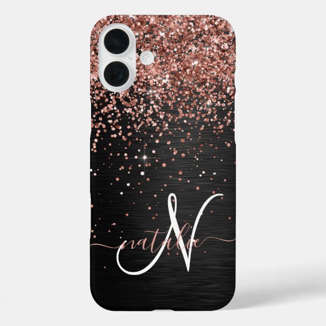 Custom Rose Gold Glitter Black Sparkle Monogram Case-Mate iPhone Case (Back)