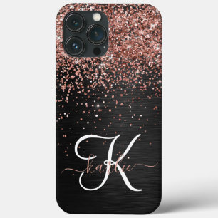 Custom Rose Gold Glitter Black Sparkle Monogram iPhone 13 Pro Max Case