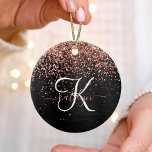 Custom Rose Gold Glitter Black Sparkle Monogram Ceramic Ornament<br><div class="desc">Easily personalize this trendy elegant ornament design featuring pretty rose gold sparkling glitter on a black brushed metallic background.</div>
