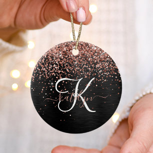 Custom Rose Gold Glitter Black Sparkle Monogram Ceramic Ornament