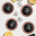 Custom Rose Gold Glitter Black Sparkle Monogram Coaster Set<br><div class="desc">Easily personalize this trendy elegant coaster set design featuring pretty rose gold sparkling glitter on a black brushed metallic background.</div>