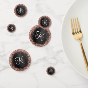 Custom Rose Gold Glitter Black Sparkle Monogram Confetti