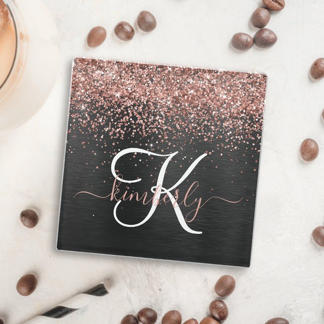 Custom Rose Gold Glitter Black Sparkle Monogram Glass Coaster (Creator Uploaded)