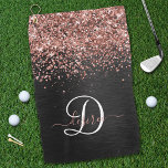 Custom Rose Gold Glitter Black Sparkle Monogram Golf Towel<br><div class="desc">Easily personalize this trendy elegant golf towel design featuring pretty rose gold sparkling glitter on a black brushed metallic background.</div>