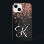 Custom Rose Gold Glitter Black Sparkle Monogram iPhone 14 Case<br><div class="desc">Easily personalize this trendy elegant phone case design featuring pretty rose gold sparkling glitter on a black brushed metallic background.</div>