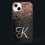 Custom Rose Gold Glitter Black Sparkle Monogram iPhone 14 Plus Case<br><div class="desc">Easily personalize this trendy elegant phone case design featuring pretty rose gold sparkling glitter on a black brushed metallic background.</div>