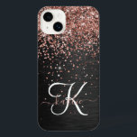 Custom Rose Gold Glitter Black Sparkle Monogram iPhone 14 Plus Case<br><div class="desc">Easily personalize this trendy elegant phone case design featuring pretty rose gold sparkling glitter on a black brushed metallic background.</div>