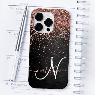 Custom Rose Gold Glitter Black Sparkle Monogram iPhone 14 Pro Case
