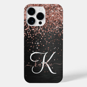 Custom Rose Gold Glitter Black Sparkle Monogram iPhone 14 Pro Max Case