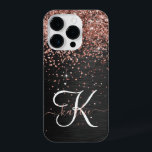 Custom Rose Gold Glitter Black Sparkle Monogram iPhone 14 Pro Case<br><div class="desc">Easily personalize this trendy elegant phone case design featuring pretty rose gold sparkling glitter on a black brushed metallic background.</div>