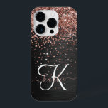 Custom Rose Gold Glitter Black Sparkle Monogram iPhone 14 Pro Case<br><div class="desc">Easily personalize this trendy elegant phone case design featuring pretty rose gold sparkling glitter on a black brushed metallic background.</div>