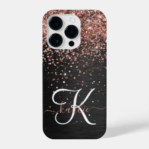Custom Rose Gold Glitter Black Sparkle Monogram iPhone 14 Pro Case