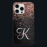 Custom Rose Gold Glitter Black Sparkle Monogram iPhone 15 Pro Max Case<br><div class="desc">Easily personalize this trendy elegant phone case design featuring pretty rose gold sparkling glitter on a black brushed metallic background.</div>