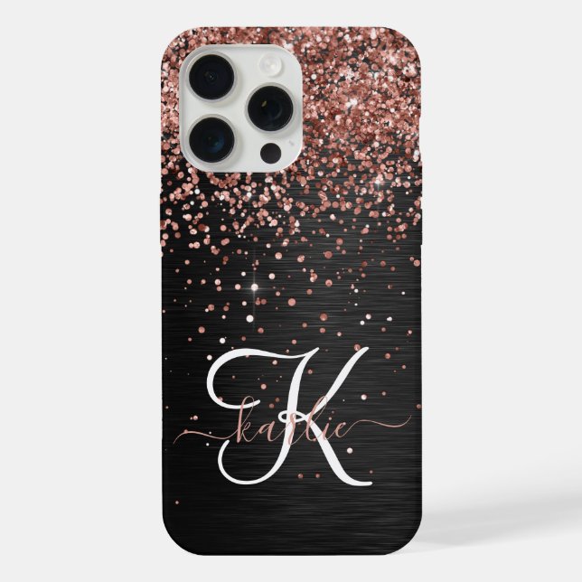Custom Rose Gold Glitter Black Sparkle Monogram iPhone Case (Back)