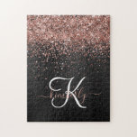 Custom Rose Gold Glitter Black Sparkle Monogram Jigsaw Puzzle<br><div class="desc">Easily personalize this trendy elegant jigsaw puzzle design featuring pretty rose gold sparkling glitter on a black brushed metallic background.</div>